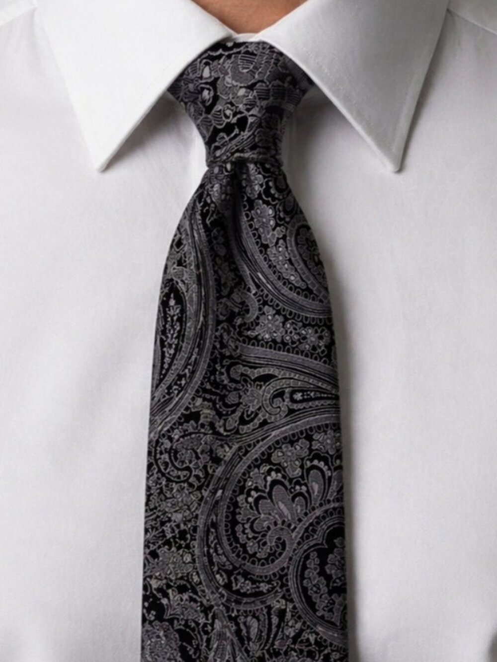 Joseph & Feiss Men’s Neck Tie Silver Black 100% Silk Paisley Formal Dress 3.5X57